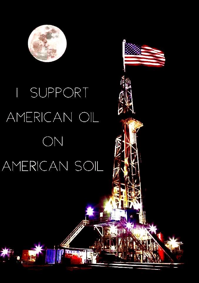 Image of a drilling rig at night with American Flag and Full Moon, with caption message American Oil on American Soil